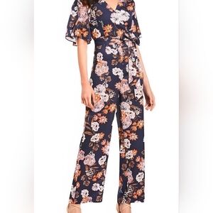 NWT Gianni Bini Margie Navy Floral Wide-Leg V Neck Jumpsuit